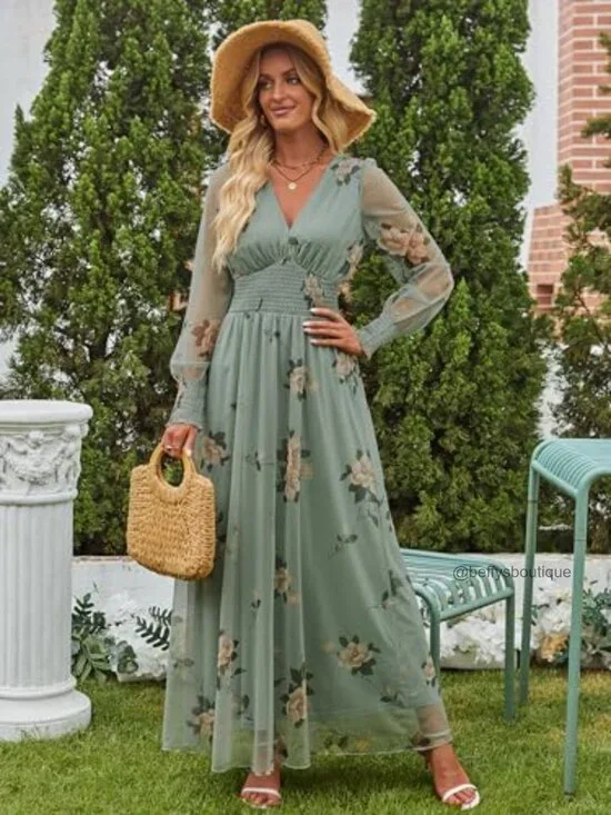Floral Maxi Dress V Neck Puff Sleeve Long Sleeve Tulle Wedding Guest - Picture 4 of 7